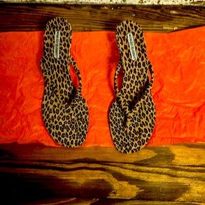 Vintage Manolo Blahnik leopard printed kitten heel open toe sandals.